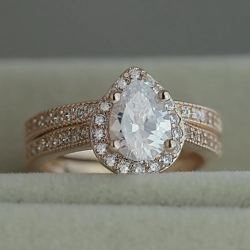 💎 Elegant Beautiful Pear Micro Pave Water Drop Rose Gold Ring Set Women, VIP393 - Picture 1 of 4